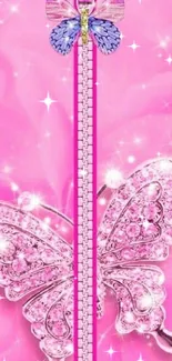 Elegant pink butterfly zipper wallpaper with sparkling crystal details.