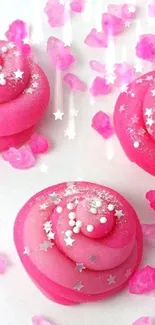 Bright pink candy swirls with star sprinkles on a playful wallpaper.