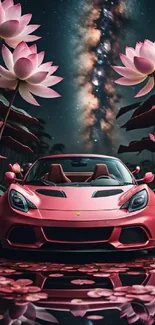 Pink car amidst lotus flowers with starry sky.