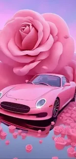 Elegant pink car amidst blooming roses with a serene backdrop.