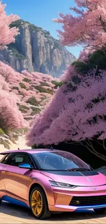 Sleek pink car in a cherry blossom landscape with mountains.