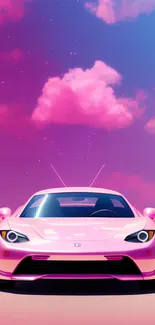 Pink car under vibrant sunset sky wallpaper.