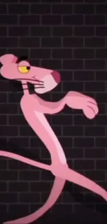 Pink panther cartoon on a black brick wall.