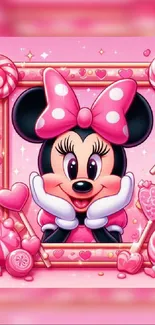 Cute cartoon character with pink candies background wallpaper.