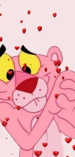 Pink cartoon character with hearts on mobile wallpaper.