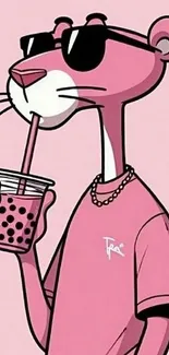 Cartoon pink panther with boba drink in stylish artwork.