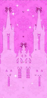 Pink castle wallpaper with bows and patterns.