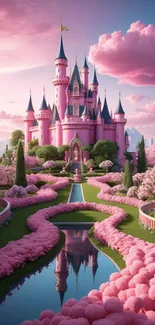 Enchanting pink castle with lush gardens in a fantasy setting.