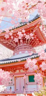 Pink temple with cherry blossoms and a clear sky background.