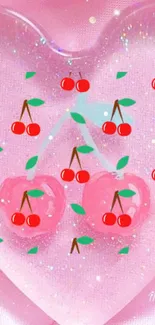 Pink heart wallpaper with scattered cherries.