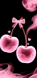 Pink glowing cherries with hearts and smoke.