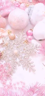 Pink and silver Christmas decorations with sparkling ornaments.