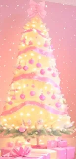 Elegant pink Christmas tree with lights and ornaments, perfect festive wallpaper.