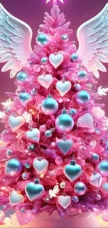 Pink Christmas tree adorned with wings and heart ornaments.