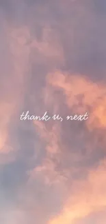 Inspirational pink cloud wallpaper with 'thank u, next' text.