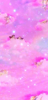 Dreamy pink cloud wallpaper with angels and stars.