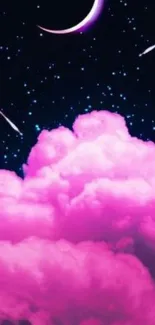 Pink clouds with stars and crescent moon at night.