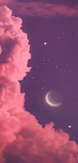 Pink clouds with crescent moon and stars in the night sky.