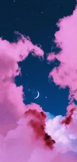 Pink clouds and crescent moon in a blue night sky wallpaper.