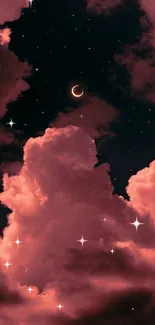 Crescent moon amidst pink clouds and stars.