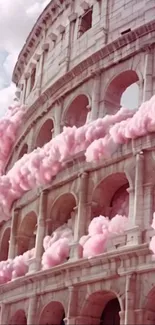 Colosseum adorned with whimsical pink clouds.