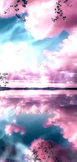 Pink clouds reflecting on calm lake under a vibrant sky.