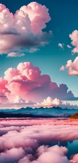 Pink clouds over a mountain landscape with a serene vibe.