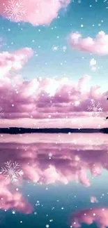 Dreamy pink clouds reflecting on tranquil water with snowflakes.