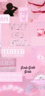 Pink aesthetic collage wallpaper with cute texts and trendy symbols.