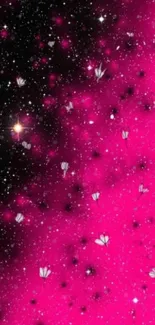 Pink cosmic wallpaper with butterflies and stars.