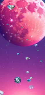 Pink moon and diamonds with stars in cosmic wallpaper