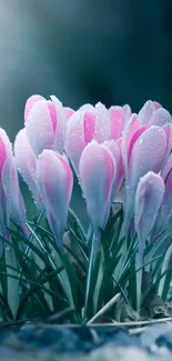 Dew-covered pink crocus flowers in a serene mobile wallpaper.