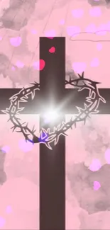 Pink cross with crown of thorns on a cloud background wallpaper.