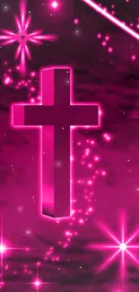 Pink cross with stars on a cosmic background.