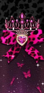 Pink jeweled crown with leopard bow and butterflies.