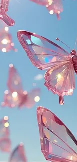 Pink crystal butterflies gracefully flying in the blue sky.