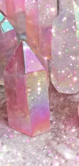 Pink crystals with glitter shine on a dreamy background.