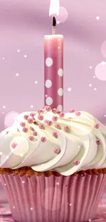 Pink cupcake with candle mobile wallpaper, perfect for birthdays.