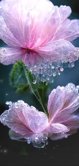 Pink flowers with dewdrops on a dark background, offering a serene look.