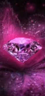 Pink diamond on dark magenta background, shimmering art.