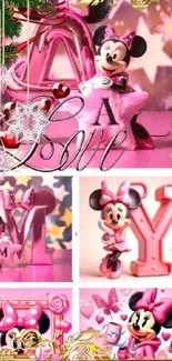 Disney-inspired wallpaper with Minnie Mouse in pink and gold, featuring a love theme.