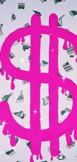 Vibrant pink dollar sign on scattered money background.