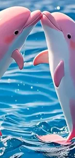Two pink dolphins kiss in a blue ocean scene.