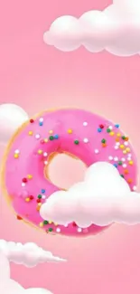 Pink donut with sprinkles amidst clouds.