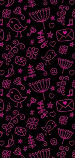 Stylish pink doodle mobile wallpaper with birds and flowers on black background.