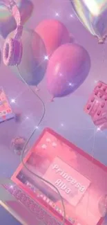 Pink dream aesthetic wallpaper with balloons, headphones, and a laptop.