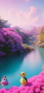 Enchanting pink river landscape with fluffy flora and calming water reflections.