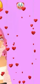 Girly pink wallpaper with emojis and hearts cascading.