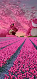 Pink bears and tulip field under a pink sunset sky.