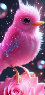 A vibrant pink bird perched on a sparkling rose, set against a mystical background.